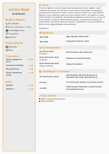 Beslenme Uzmanı Diyetisyen CV Örnekleri cv indir